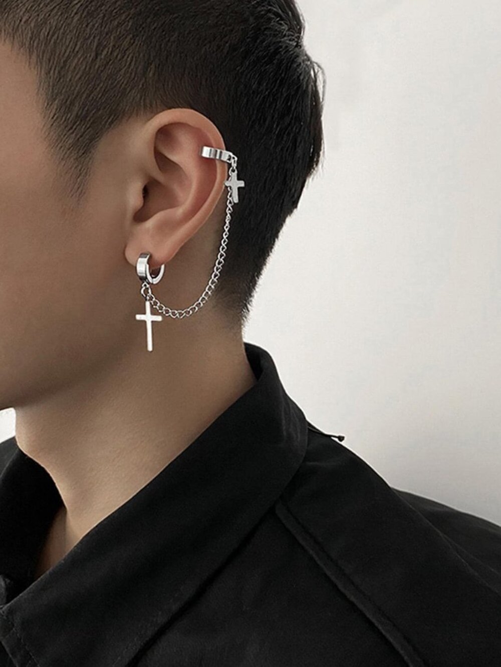 New 1pcs Stainless Steel Cross Chain Connected Piercing/Clip Earrings.